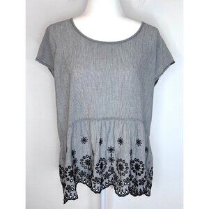 Sonoma Peplum Blouse Women XL Gray Floral Eyelet Black Pinstripe Cap Sleeve